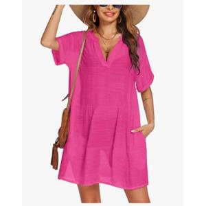 Hejoy Women's Swimsuit Coverups Bikini Beach Swimwear Cover Up A-line Bathing Suit Cover Up Dress with Pockets XL (Pink)