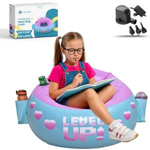 Inflatable Gaming Chair for Kids Supports Up to 300 lbs, Includes Air Pump, Cup Holder, 2 Pockets Durable Gaming Bean Bag Seat, Comfy Kid Bean Bag Chair & Top Bean Bag Chairs for Kids (Pink, Teal)