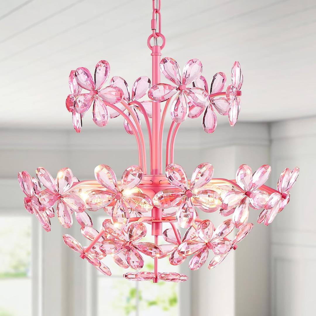 WUZUPS Crystal Chandelier Pendant Flushmount Ceiling Light Modern Lighting Fixture for Bedroom Hallway Bar Kitchen Bathroom, H 15.7" x W 17.7", Pink, E12 Base