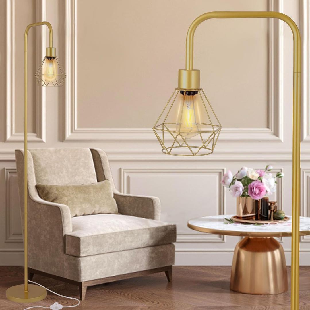 Gold Floor Lamp for Living Room,Industrial Minimalist Standing Lamps with 7W LED Bulb, Modern Tall Lamp with Unique Foot Switch for Bedroom Corner Office Reading
