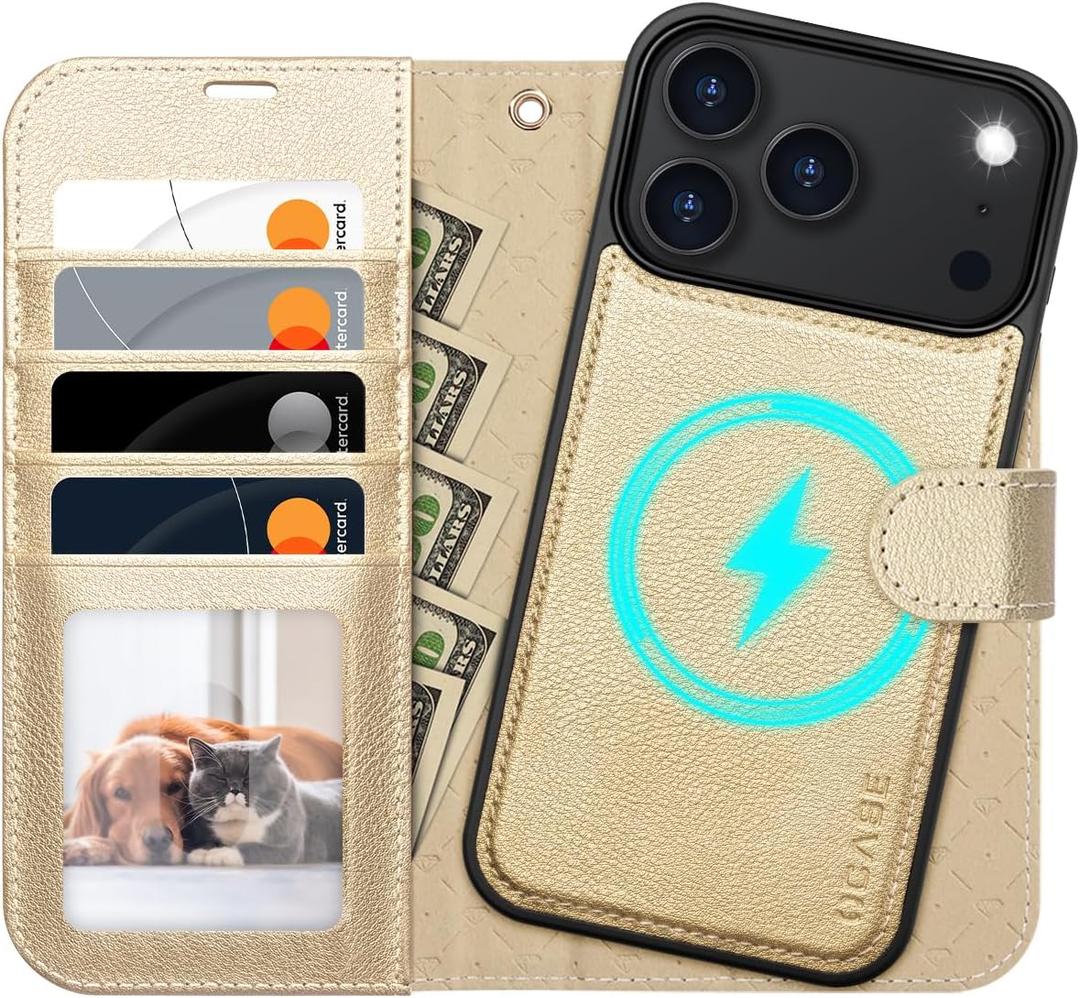 OCASE for iPhone 17 Pro Max Detachable Wallet Case with Card Holder, 2 in 1 PU Leather Flip Folio with RFID Blocking Stand Wrist Strap Shockproof Phone Cover 6.9 Inch 2025, Gold