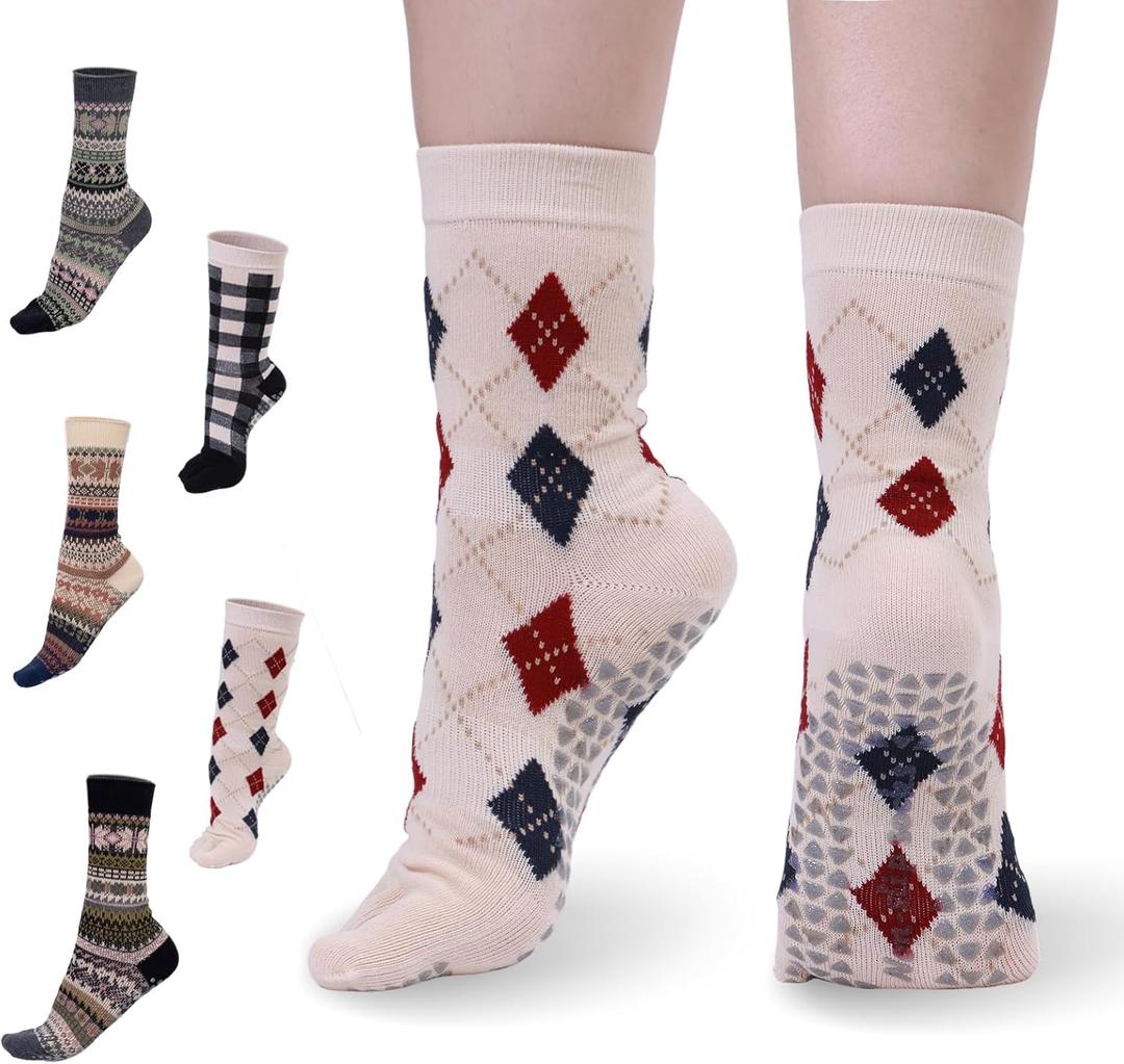 Boho Yoga Socks for Women Non-Slip Grip High Calf Pilates Socks, Gym & Home Exercise. Checked pattern
