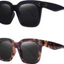 Vintage Women Oversized Sunglasses Designer Luxury Square Sun Glasses UV400 Protection Flat Lens ((2 Pack) Black Frame Grey Lens+amber Tortoise Frame Black Lens)