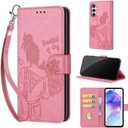Designed for Samsung Galaxy A55 5G Case Wallet,Women Flip Folio Cover with Embossed PU Leather Stand Credit Card Holders Slots Wrist Strap Phone Case for Samsung A55 5G (Pink Girl) (9)
