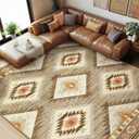 Area Rug 8x10 Rug Machine Washable Non-Slip Low Pile Print Pattern Western Rug for Living Room Bedroom Entryway Tribal Series -Cream/Camel