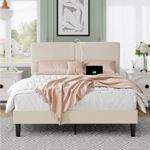 VECELO Queen Bed Frame with Type-C & USB Ports, Upholstered Platform Height-Adjustable Cotton and Linen Headboard, No Box Spring Needed, Noise-Free, Easy Assembly, Beige