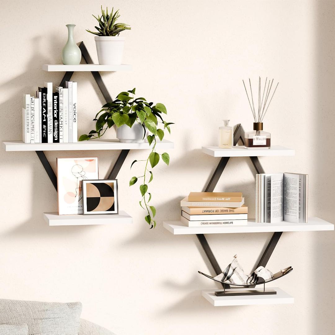 Floating Wall Shelves, Set of 2, White | 3-Tier Hanging, Wall Mounted, Sturdy & Durable, For Bathroom, Living Room, Bedroom, Kitchen, Office