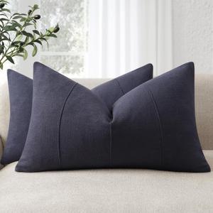 12x20 Pillow Covers Set of 2 Decorative Linen Lumbar Pillow Covers Solid handcrafted Striped Cushion Covers for Bed Soft Modern Farmhouse Neutral Pillowcase for Couch Bedroom Living Room (Dark Navy)