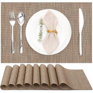 Myir JUN Placemats Set of 8, Vinyl Woven Placemats Place Mats Indoor Set of 8 Washable Table Mats Non-Slip Place mats for Dining Table (Light Brown, Set of 8)