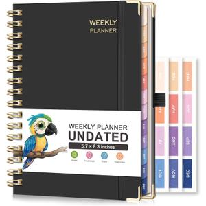 RETTACY Undated Planner, Weekly and Monthly, 53 Weeks and 12 Months, Medium Size (5.7" x 8.3"), 24 Self-adhesive Monthly Tabs, Hardcover, 100 GSM Thick Paper, Spiral-bound (Black)