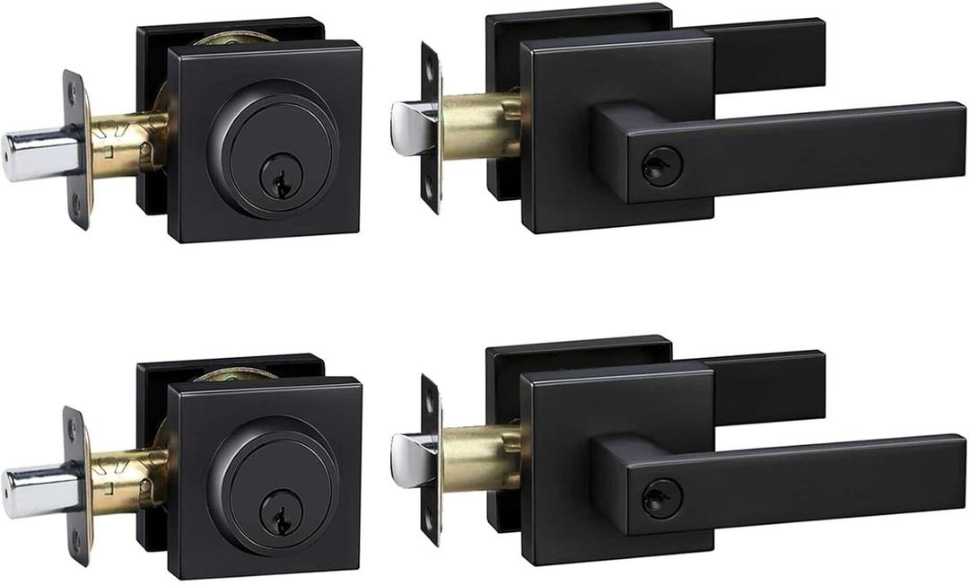 Exterior Door Lock Set, Combo Lock-Heavy Duty Black Door Handle and Single Cylinder Deadbolt Lock, Keyed Alike Door Locks for Front Door(Matte Black,2Pack Set)