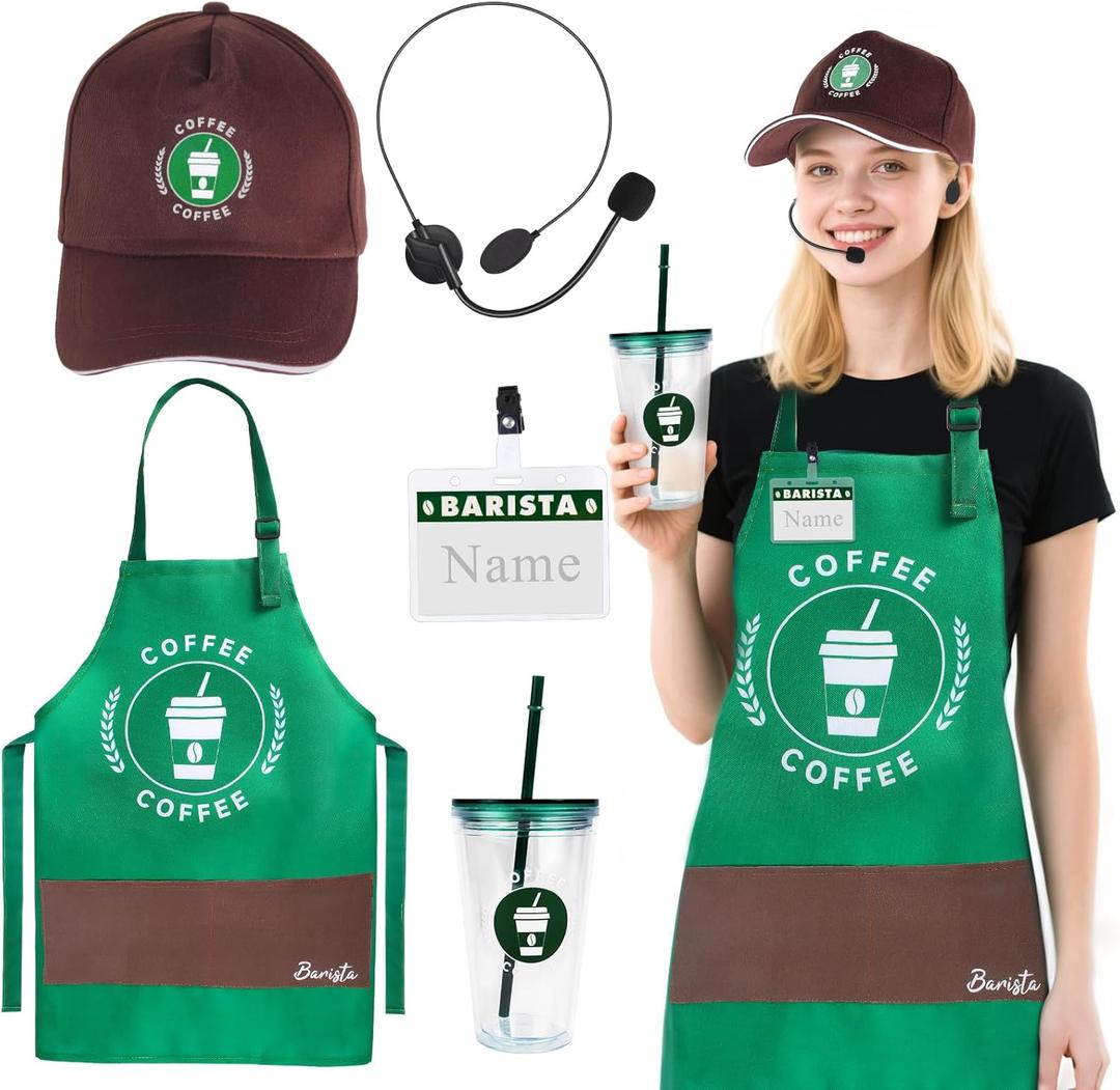 Kyson Barista Costume Set 5Pcs Coffee Maker Outfit Aprons and Cap Caf Shop Attendant Uniforms for Men Women Halloween