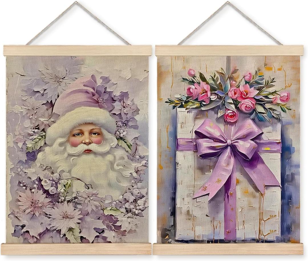 BearCake Vintage Purple Christmas Wall Art Poster Hanger Frame, Purple Christmas Decor, Fairytale Winter Xmas Floral Present Box Santa Wall Decor for Home Bedroom Living Room, 12x16 Inch Set of 2