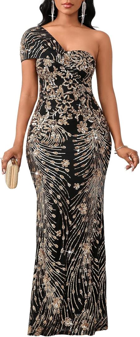 Cololura Women Sexy Sequin One Shoulder Mermaid Formal Party Cocktail Gowns Bodycon Evening Maxi Dress, XXL