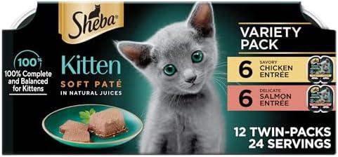 Sheba Perfect Portions Kitten Wet Cat Food Pate Chicken Entree and Salmon Entree, 2.6 oz. Twin-Pack Trays (12 Count, 24 Servings), Pack of 2, Best Before 09/04/27