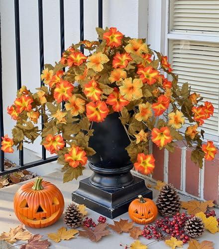 Pack of 2, HyeFlora Artificial Fall Flowers for Outdoors Decoration 2PCS Autumn Faux Morning Glory Look Real Silk Flowers for Outside Planter UV Resistant Fake Flowers for Home Garden Balcony Yard Porch Deco