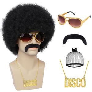 Men's Afro Wig for 70s Disco Party, 5pcs (Wig+ Glasses+ Necklace+ Mustache+ Wig Cap) 70s Outfits Costume for Cosplay Halloween Christmas Party (Black+Accessories)
