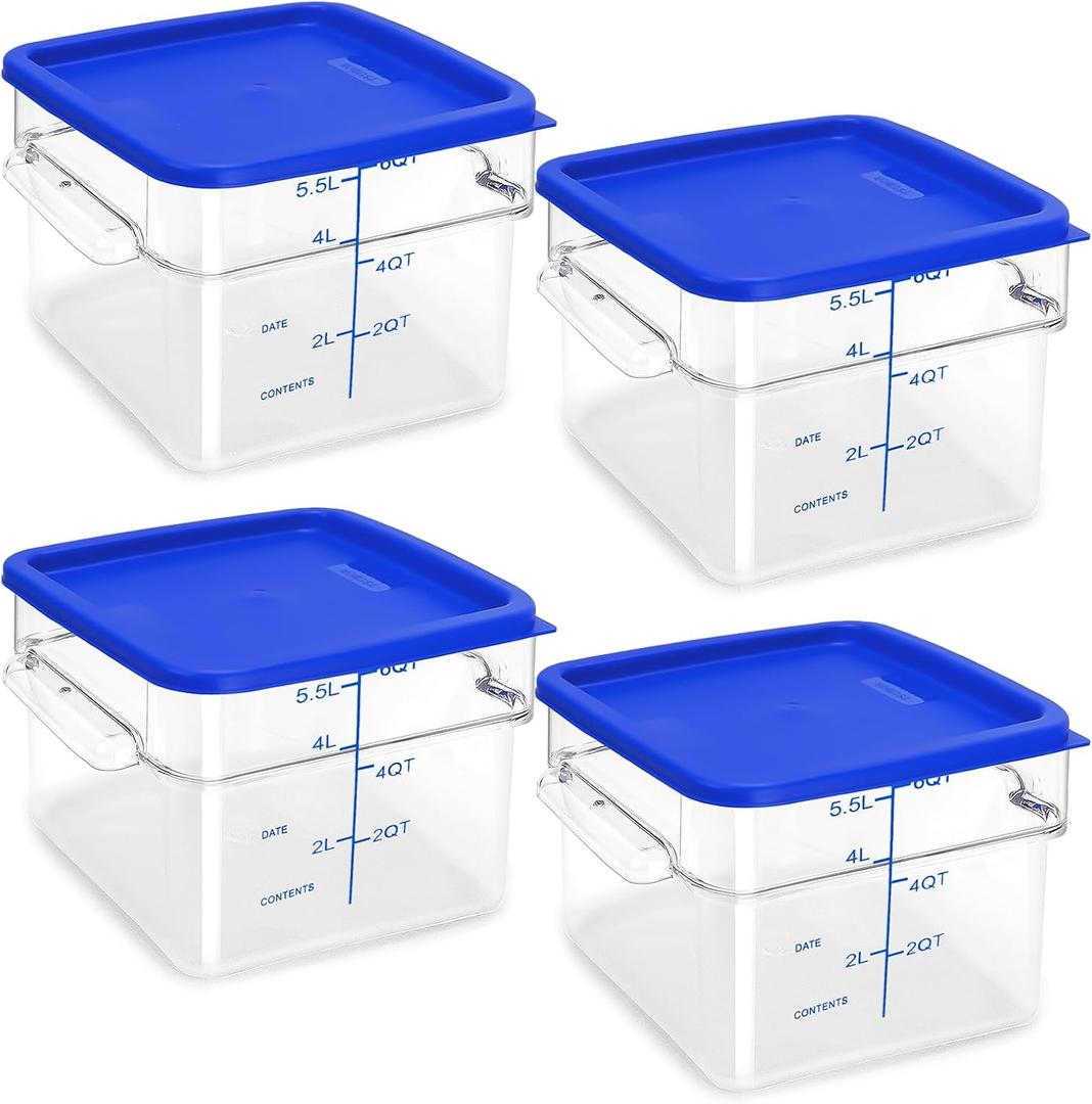 4 Pack Food Storage Containers with Blue Lids, 6.0 Qt - Square, Clear, Polycarbonate, for Restaurant Commercial Kitchen and Home party