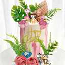 41PCS Wild One Birthday Cake Decorations Girl，Pink Two Wild Safari Animal Cake Toppers with Flowers Leaves for Safari Birthday Baby Shower