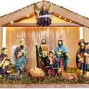 Lighted Nativity Scene Indoor, Christmas Manger Nativity Set with Wooden Stable, 11 Pieces Vintage Nativity Sets & Figures for Tabletop Fireplace Holiday Decorations