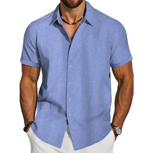 Button Down Shirt Men Hawaiian Shirts Short Sleeve Untuckit Fitted Casual Linen Shirt Beach Wear Vacation Hawaiian Tropical Summer Outfits Blue X-Large
