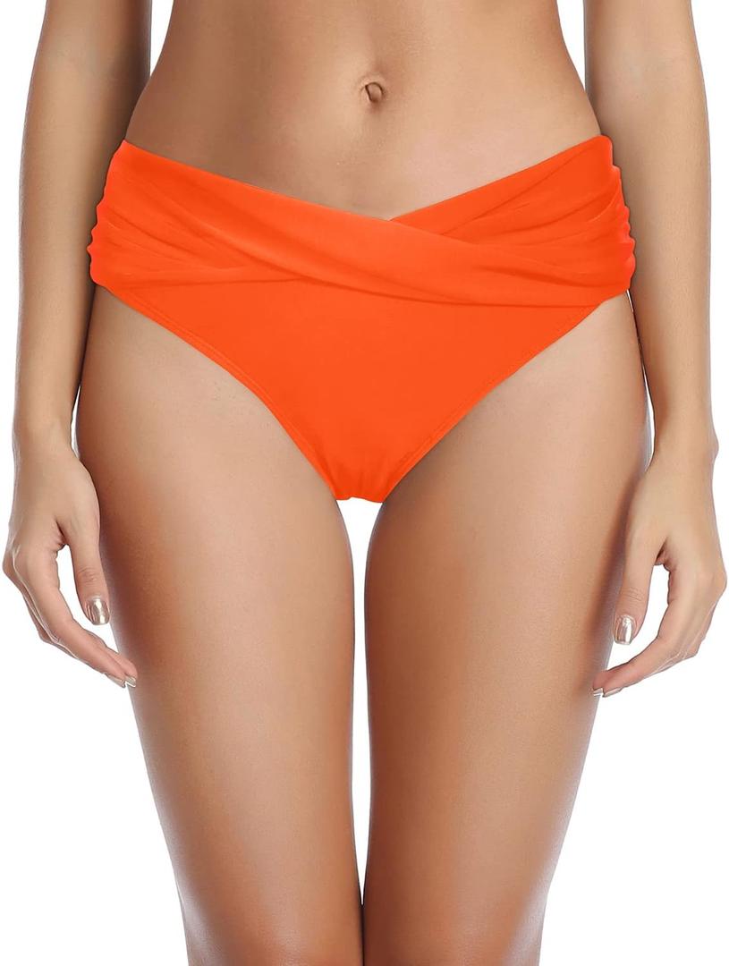 Tempt Me Women Twist Bikini Bottom Moderate High Cut Bathing Suit Bottoms Ruched Swimsuit Bottom (Medium, Orange)