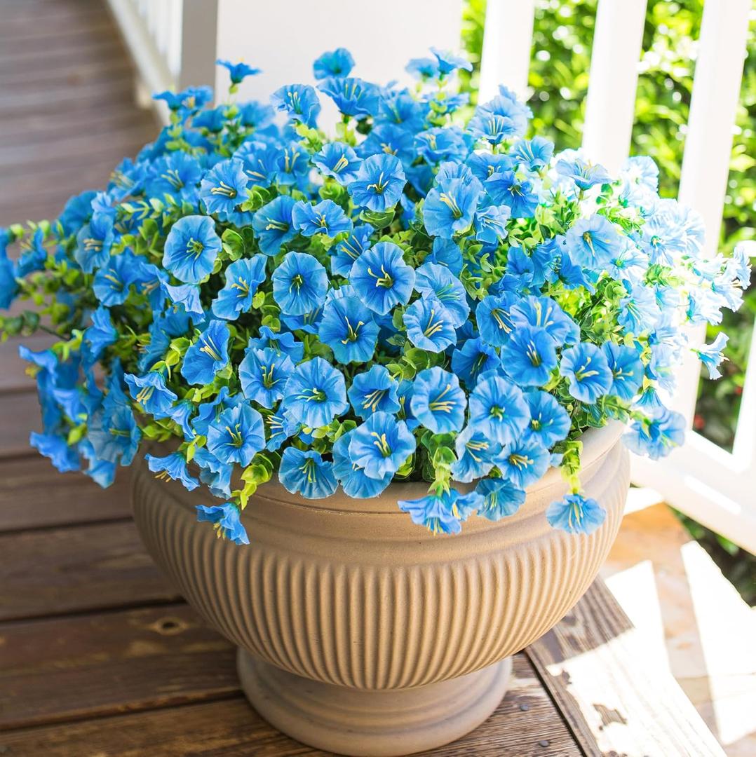 HyeFlora Artificial Fake Outdoor Flowers Plants for Spring Summer Decor, 12 Bundles Outside Silk Blue Morning Glory UV Resistant Look Real Faux Flowers for Front Door Patio Porch Yard Window Balcony