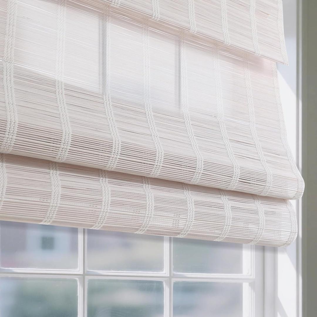 Sunbox Cordless Bamboo Roman Shade Blind, Woven Wood Roman Shades, Light Filtering Natural Bamboo Shades for Windows, French Doors, 33.5" W x 64" H, Pearly White