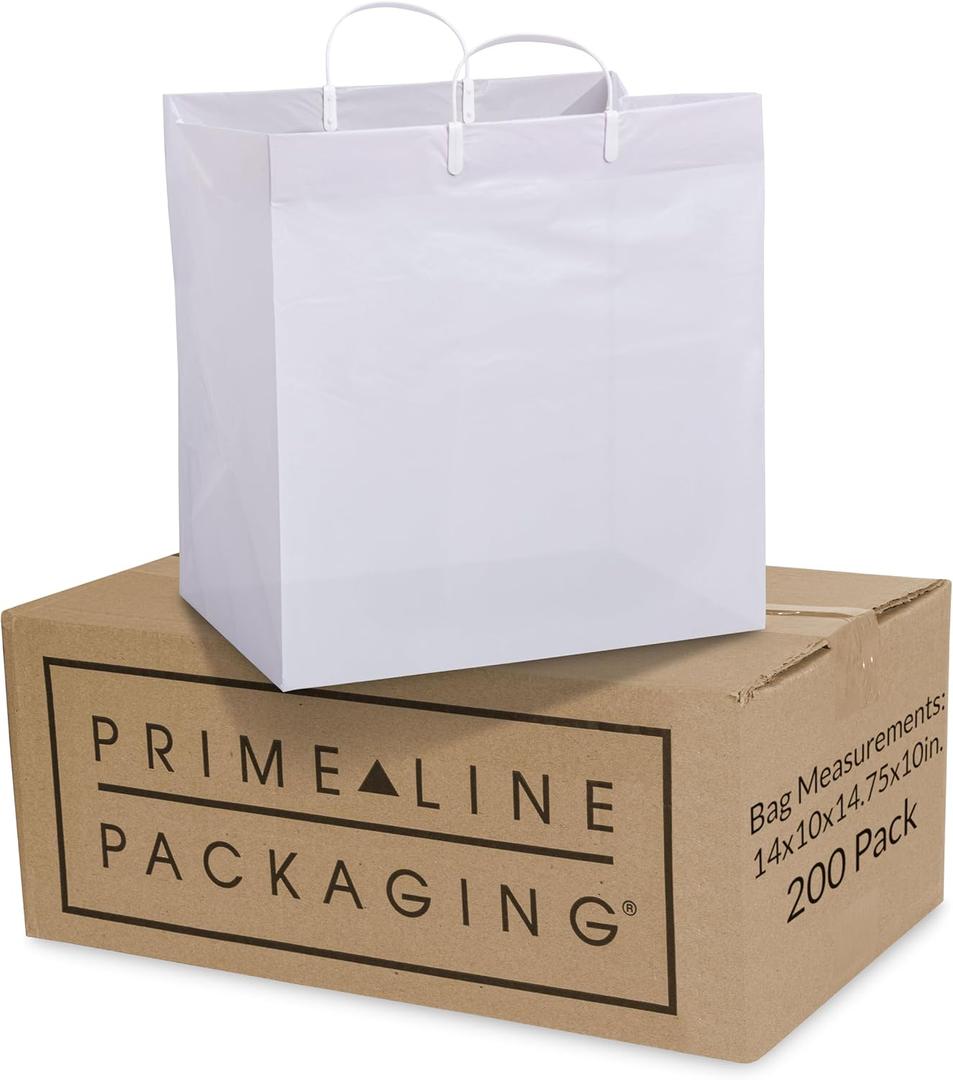Prime Line Packaging White Plastic Bags, Shopping Gift Bags with Handles for Small Business, Food Service, Take Out, Delivery, Retail Bulk, 14x10x14.75, 200 Pack