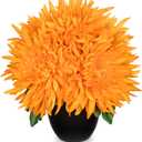 Hollyone Artificial Mums Flowers in Vase Faux Chrysanthemum Silk Flower Potted Plant Fake Plants & Flowers with Pot Floral Arrangements Bouquets Pincushion Spider Mum Flower Home Decor Orange