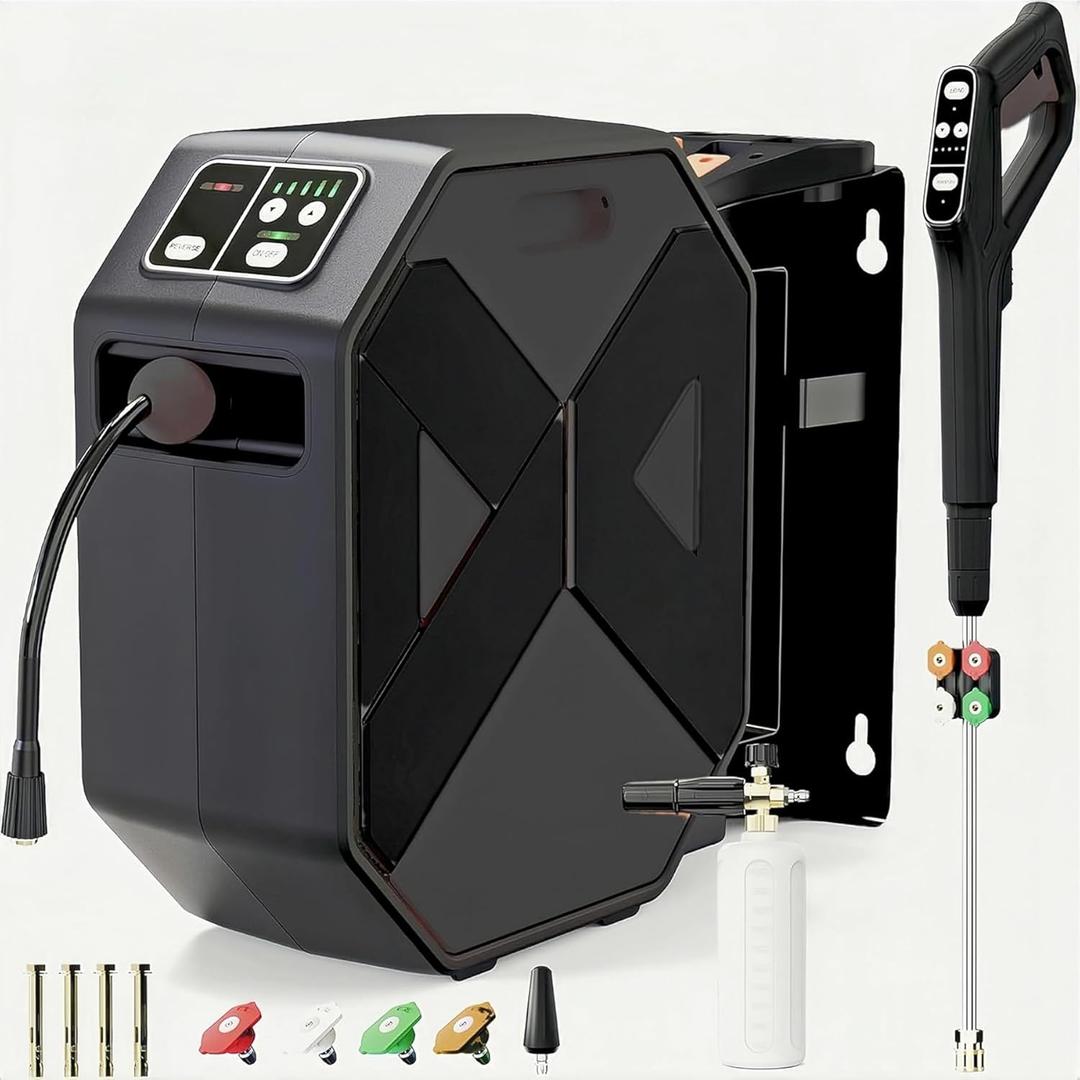 Pressure Washer, 5000MAX-PSI Wall Mounted Power Washer with 100 FT Retractable Hose, Remote Control, Foam Cannon, 5 Connect Nozzles for Garage/Patio/Home Cleaning