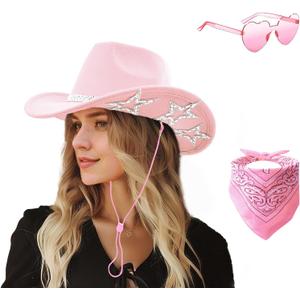 SHENYI Cowgirl Hat and Bandana and Heart Sunglasses Glitter Rhinestone Star Cowboy Hat Western Sparkly Hats for Women Men, One Size-Medium