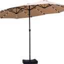 15ft Double Sided Patio Umbrella with Solar Lights, Outdoor Large Umbrellas with Crank Handle and 36 LED Lights, Rectangular Market Umbrella with Base Included for Deck Pool Shade (With Base) (Begie)