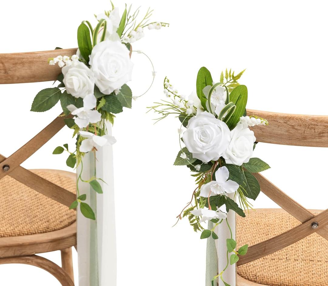 Ling's moment 2 Wedding Artificial Aisle Pew Flowers Chair Decorations Arrangements with Chiffon Ribbons White & Olive for Ceremony Reception Chair Back Floral Decor Reception Church Party Outdoor