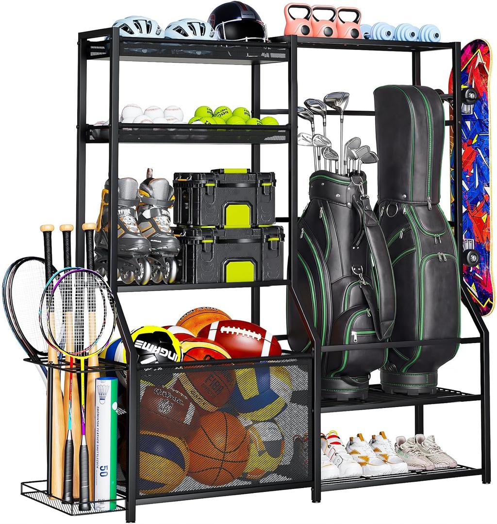 Large Sports Organizer for Garage, Ball Storage Rack Garage Sports Equipment Organizer with Side Racks, Baskets, Hooks, Multi-Purpose Golf Gear Storage for Gym Indoor Outdoor