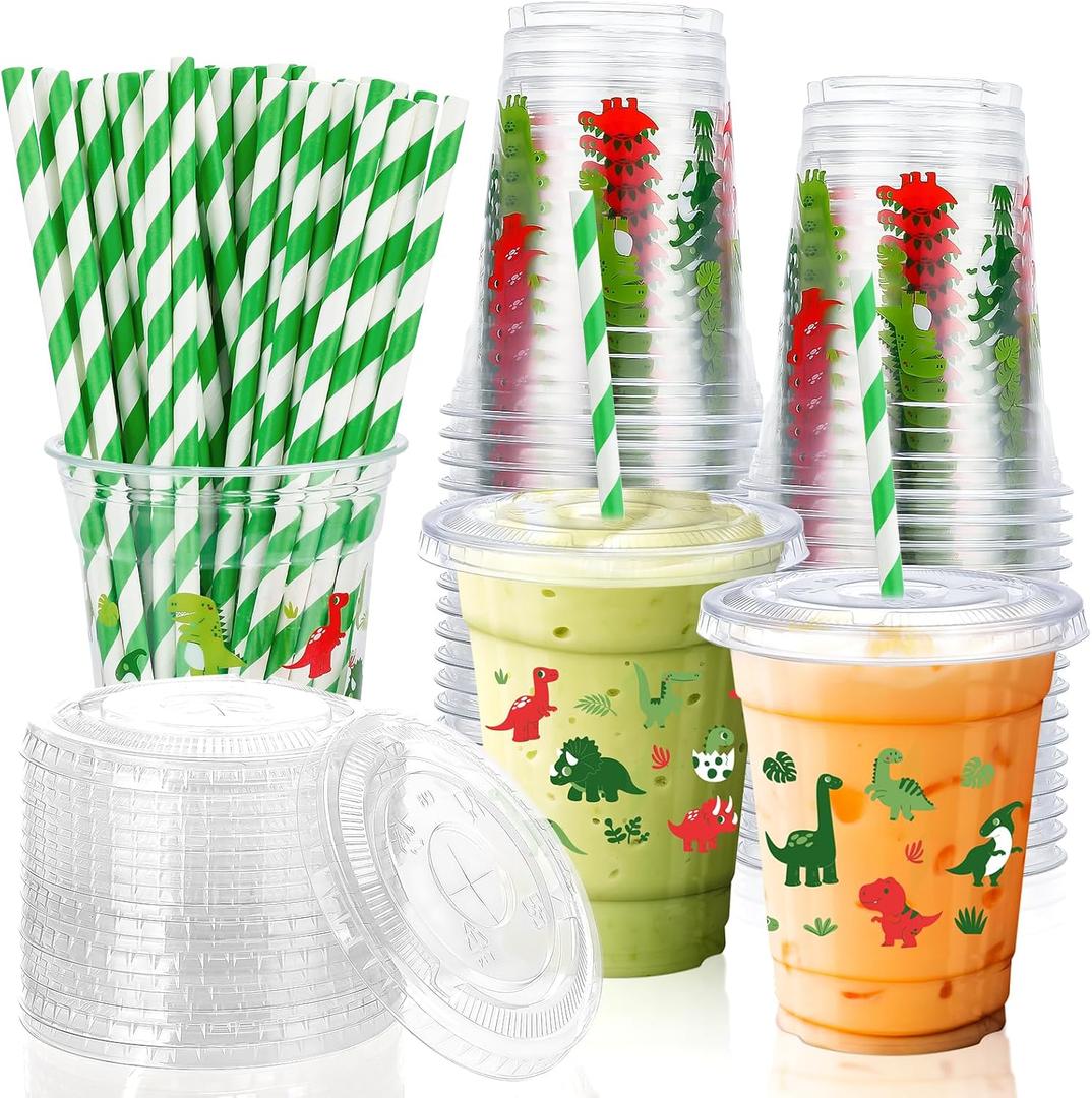 50 Pcs Dinosaur Cups with Lids and Straws 12 oz Dinosaur Plastic Cups Disposable Dino Tumbler Drinking Cups for Kids Dinosaur Birthday Summer Party Supplies