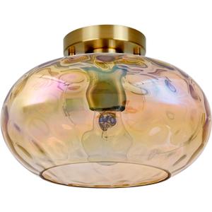 Brass Gold Semi Flush Mount Ceiling Fixture 11" Hammered Glass Shade Modern Close to Ceiling Lighting 1-Light Art Lampshade for Hallway Foyer Bedroom