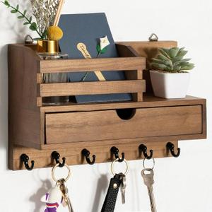 Key and Mail Holder for Wall, Mail Organizer Wall Mount with 6 Hooks and Storage Drawer, Wooden Key Rack Hanger with Shelf for Entryway and Home Decor (Standard(11.6''x7.9''), Brown)