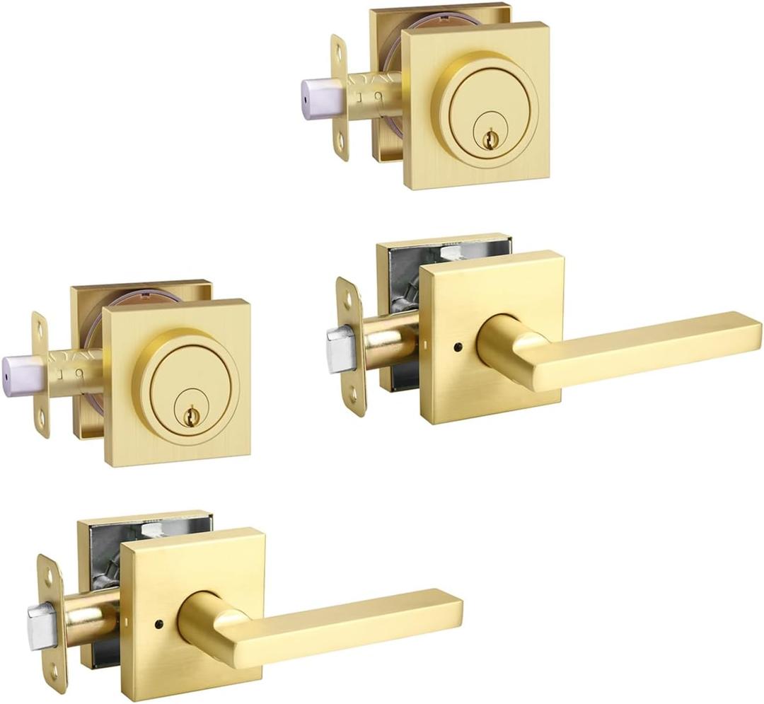 Gold Heavy Duty Privacy Lever Door Handle and Single Cylinder Deadbolt Lock and Key Combo Pack - Locking Lever Set for Left or Right-Handed Doors - Exterior Door Levers - Satin Brass, 2pack, 9.2 x 8.3 x 8.3 inches