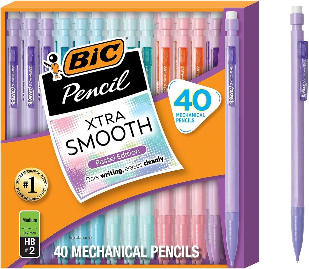 BIC Xtra-Smooth Pastel Mechanical Pencils with Erasers, Medium Point (0.7mm), 39-Count Pack, Bulk Mechanical Pencils for School or Office Supplies
