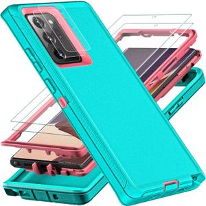 YKHJKLEC for Samsung Galaxy Note 20 Ultra Case, with 2Pcs [Self Healing Flexible TPU Screen Protector & Camera Lens Protector] 3 in 1 Heavy Duty Case for Galaxy Note 20 Ultra 5G (Aqua Blue/Pink)