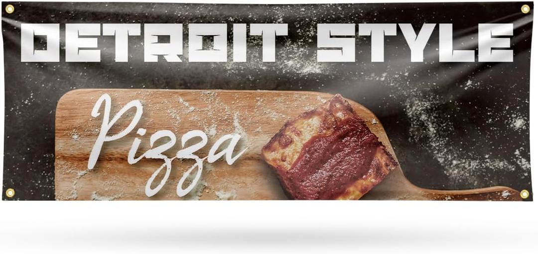 Detroit Style Pizza Banner Sign 18 Inch x 48 Inch | 13 oz Vinyl with Metal Grommets | Heavy-Duty Single-Sided Outdoor Durable Printed High-Quality Weatherproof | Made in the USA