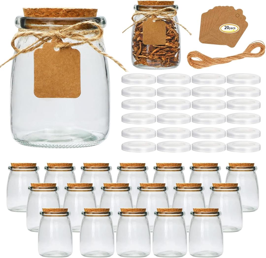 Brajttt Mini Yogurt Jars 20 Pack, 7 oz Glass Favor Jars with Cork Lids, Pudding Containers with Lids, Mason Jar Wedding Favors Honey Pot with Label Tags and String