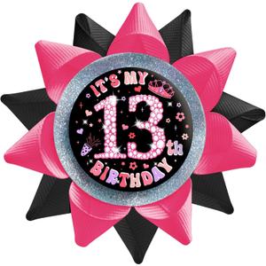 It's My 13th Birthday Buttons Pins for Girls Handmade(3.8 * 3.8inch), Black Pink Grosgrain Ribbon Tinplate Badge for Women 13th Birthday Party Decorations Supplies Ideas Gifts Jokes Favors