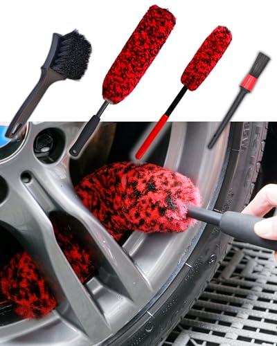 oesee Professional 3 Pack Long Handle Wheel Brush Kit for Cleaning Wheel and Tire- 2X Soft Wheel Cleaning Brush, Detailing Brush and Stiff Tire Brush, Bendable& Durable Wheel Rim Cleaner Brush Set