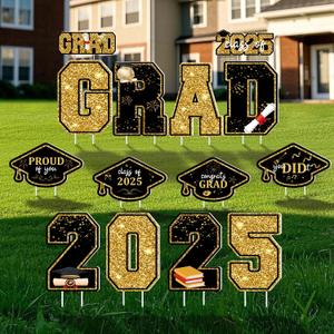 Graduation Decorations Yard Sign, 14 PCS Black Gold Large Congrats Grad Lawn Stakes, Class of 2025 Yard Signs with Stakes, Graduation Party Decorations Outdoor (Gold)