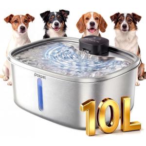 Water Fountain for Dogs Home Outdoor Multi-Pet Stainless Steel 10L/2.64gal Wireless Large Dogs Motion Sensor Dispenser Filtered Cordless Bowl Waterer -Wireless Stainless Steel&1Filters