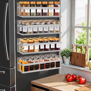 SMRCAD Magnetic Spice Rack for Refrigerator, 4pack Magnetic Shelf for Fridge Space Saving Seasoning Organizer for Any Metal Surface No Drilling Needed (GREY -cut out, 4pack)