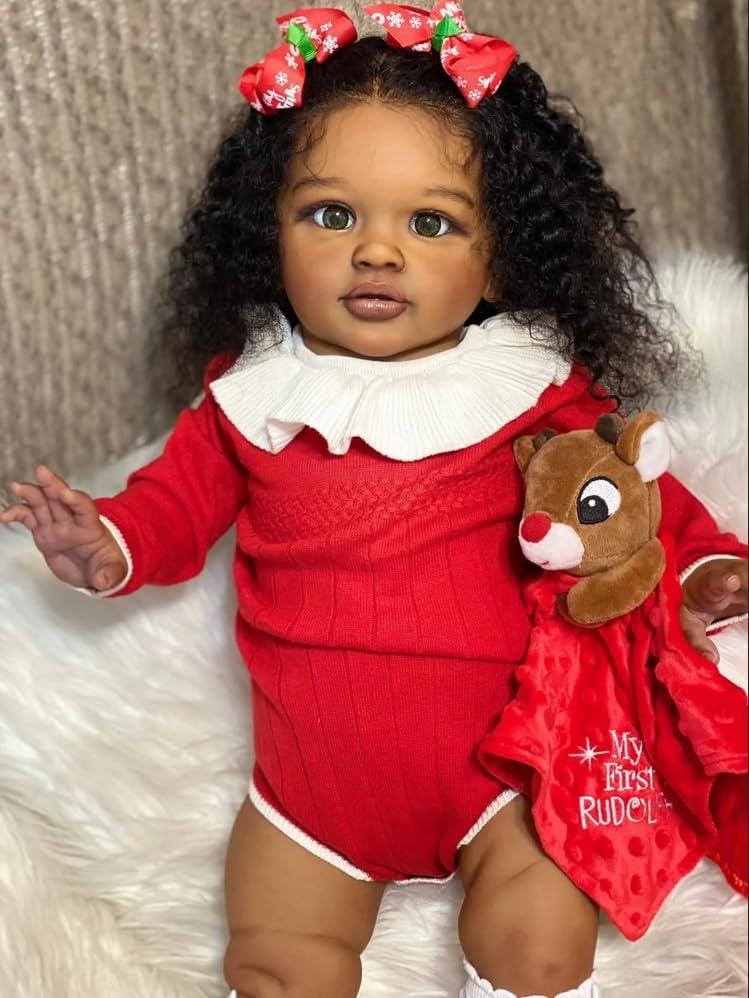 RXDOLL Big Size Reborn Baby Dolls Toddler Girl 26 Inch African American Reborn Toddler Black Dolls Girls Real Baby Doll Size with Soft Cloth Body Toys Gifts for Kids 3+ (Red)