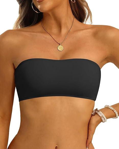 Aqua Eve Women Strapless Bikini Top Only Bandeau Swim Top Tube Top Swimsuit, Black, S